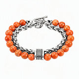 Men Double Layer Gemstone Bead Bracelet, Stainless Steel Chain OT Clasp Bracelet, 8mm Healing Crystal Wrist Jewelry Gift