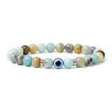 8mm Natural Round Gemstone Evil Eye Stretch Bracelet, Elastic Cord Protection Crystal Beaded Wristband Unisex Multi‑Stone Choice Spiritual Gift #SB3143