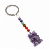 Natural Gemstone Owl Keychain with 7 Chakra Stone Beads Chains Hand-Carved Crystal Animal Key Ring for Women Men KC2329