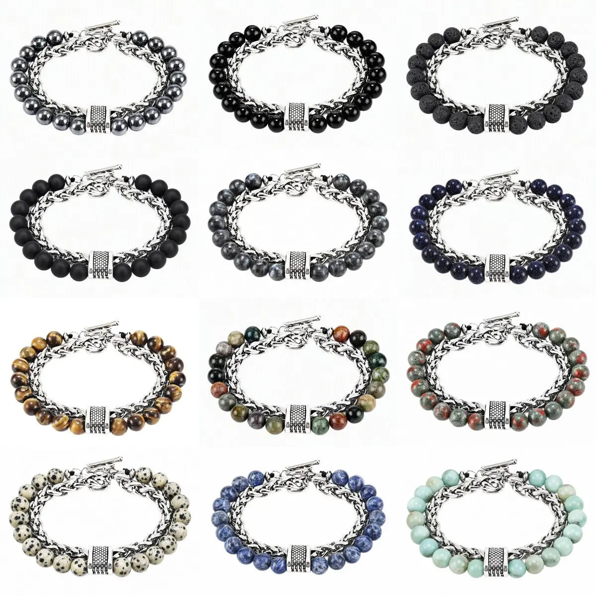 Men Double Layer Gemstone Bead Bracelet, Stainless Steel Chain OT Clasp Bracelet, 8mm Healing Crystal Wrist Jewelry Gift