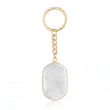 Natural Stone Keychains Gold Plated Faceted Rectangle Crystal Charms Ring for Car Keys Handbag Pendant Jewelry Making #KC2059