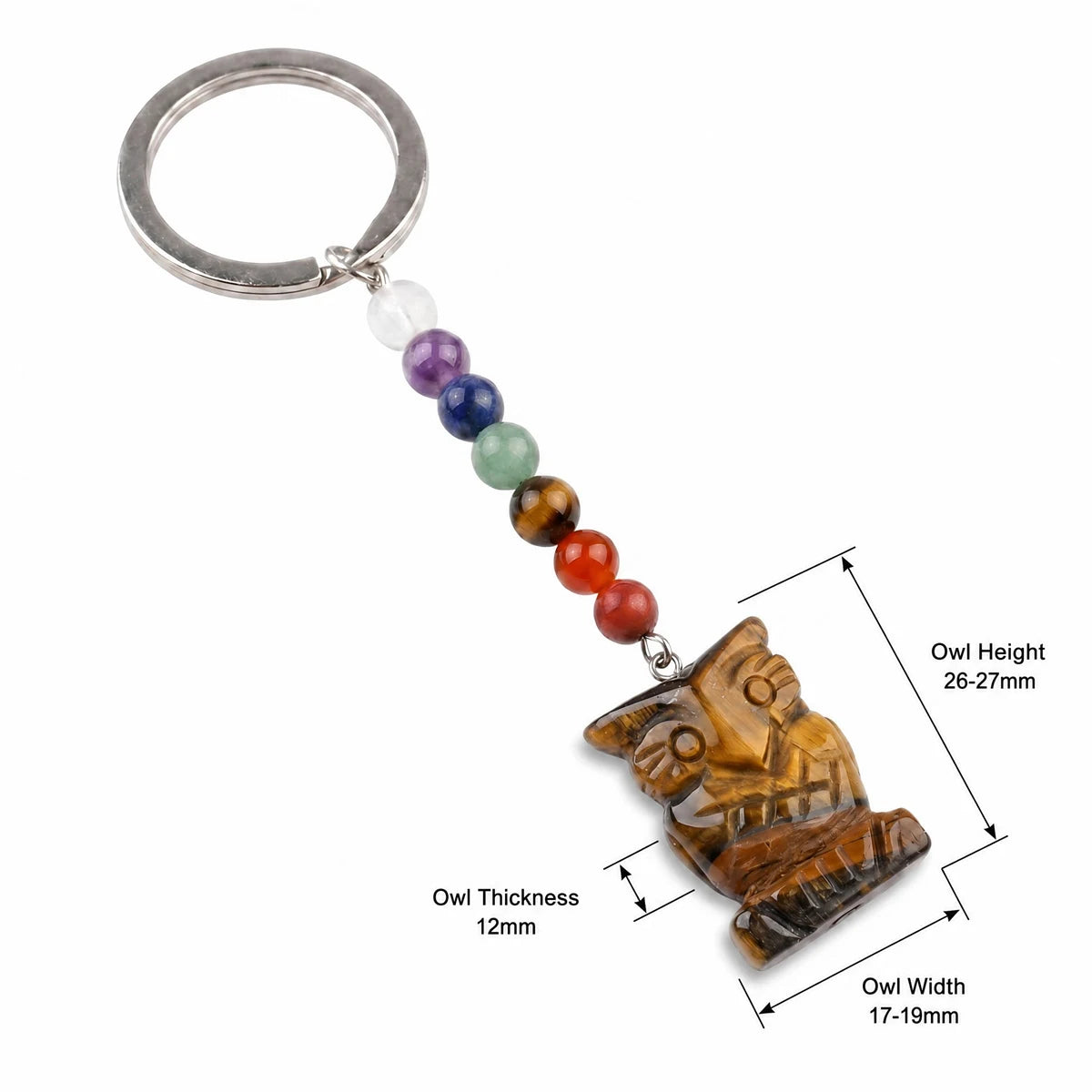 Natural Gemstone Owl Keychain with 7 Chakra Stone Beads Chains Hand-Carved Crystal Animal Key Ring for Women Men KC2329