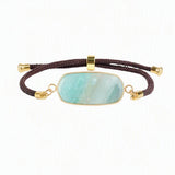 Rectangle Flat Natural Gemstone Bracelet, Adjustable Brown Braided Cord Gold‑Bezel Healing Crystal Handmade Unisex Stackable Wrist Jewelry