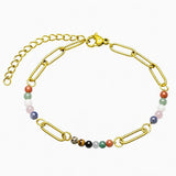 Gold Stainless Steel Paperclip Chain Bracelet Tiny Gemstone Bead Adjustable Dainty Layering Bracelets for Women #SB3161G