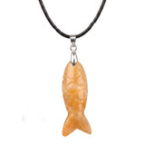 Handmade Craved Gemstone Fish Pendant Necklace 45cm Adjustable Leather Cord Spiritual Crystal Jewelry