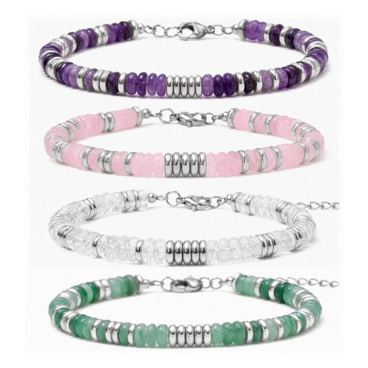 Handmade Flat Disc Stone Bracelet Silver Spacer Beads Lobster Claw Clasp Stackable Heishi Beaded Jewelry For Female Daily Wear #SB3139