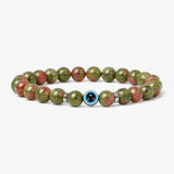 8mm Natural Round Gemstone Evil Eye Stretch Bracelet, Elastic Cord Protection Crystal Beaded Wristband Unisex Multi‑Stone Choice Spiritual Gift #SB3143