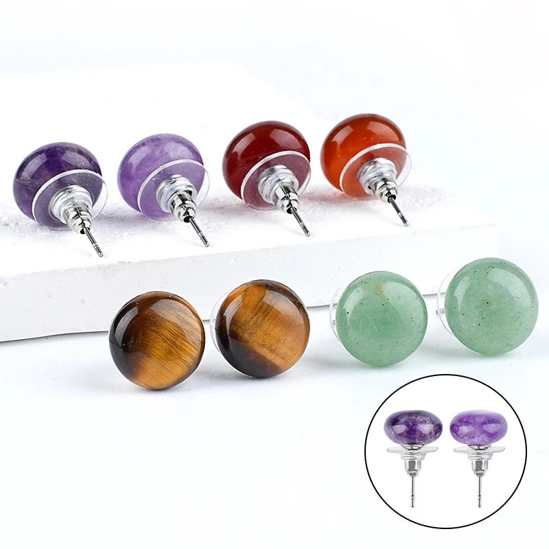 12mm Healing Crystal Round Dome Stone Stud Earrings for Daily Energy & Style