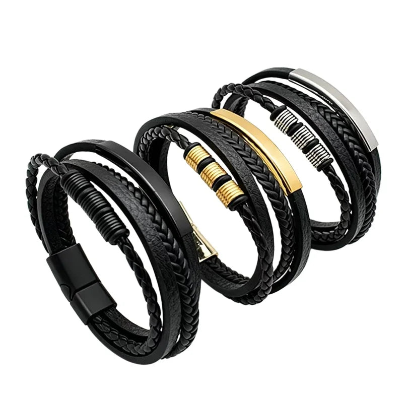 Men Punk Multilayer Braided Leather Bracelet Stainless Steel Magnetic Clasp Male Wristband Fashion Jewelry