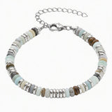 Handmade Flat Disc Stone Bracelet Silver Spacer Beads Lobster Claw Clasp Stackable Heishi Beaded Jewelry For Female Daily Wear #SB3139