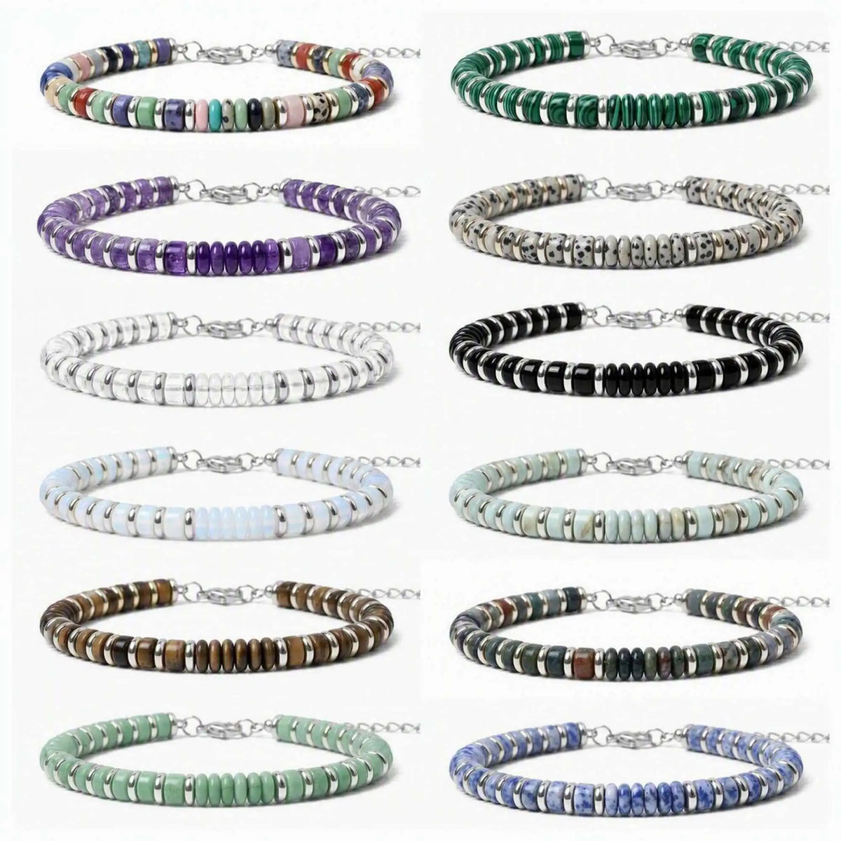 Natural Stone Disc Bead Silver Plated Bracelet Adjustable Chain Heishi Wheel Bead Gemstone Bracelet for Women #SB3142