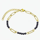 Gold Stainless Steel Paperclip Chain Bracelet Tiny Gemstone Bead Adjustable Dainty Layering Bracelets for Women #SB3161G