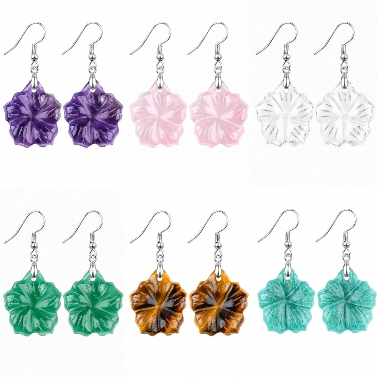 Hand Carved Natural Crystal Flower Dangle Earrings, Gemstone Drop Earrings for Women Jewelry Gift