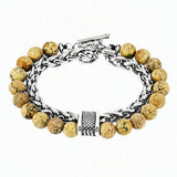 Men Double Layer Gemstone Bead Bracelet, Stainless Steel Chain OT Clasp Bracelet, 8mm Healing Crystal Wrist Jewelry Gift
