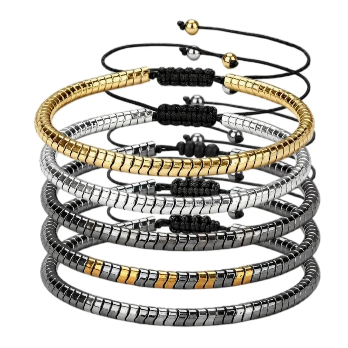 4MM Hematite Flat Tube Bead Braided Bracelet Adjustable Macrame Sliding Knot Bracelet Multi Color Hematite Beads Woven Bracelet