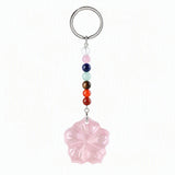 Natural Gemstone Flower Keychain with 7 Chakra Stone Beads Chain Hand Carved Gemstone Keyring Charm for Gift