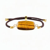 Rectangle Flat Natural Gemstone Bracelet, Adjustable Brown Braided Cord Gold‑Bezel Healing Crystal Handmade Unisex Stackable Wrist Jewelry