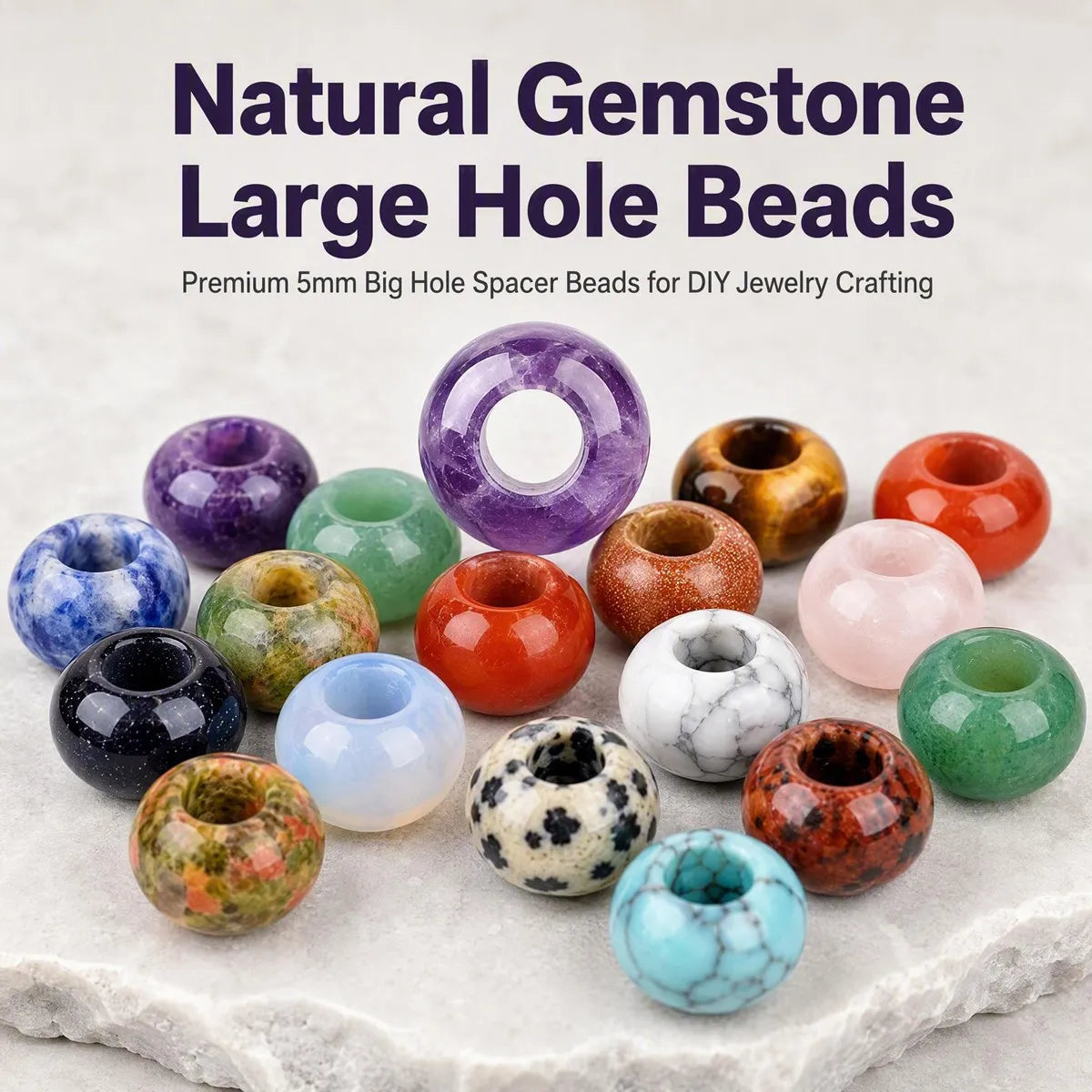 12mm Round Natural Gemstone Large Hole Beads, 5mm Big Hole Polished Stone Ball Beads for DIY Jewelry Making
