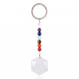22mm Faceted Hexagon Natural Stone Keychain with 7 Chakra Beads Healing Crystal Bag Charm Ring Gift