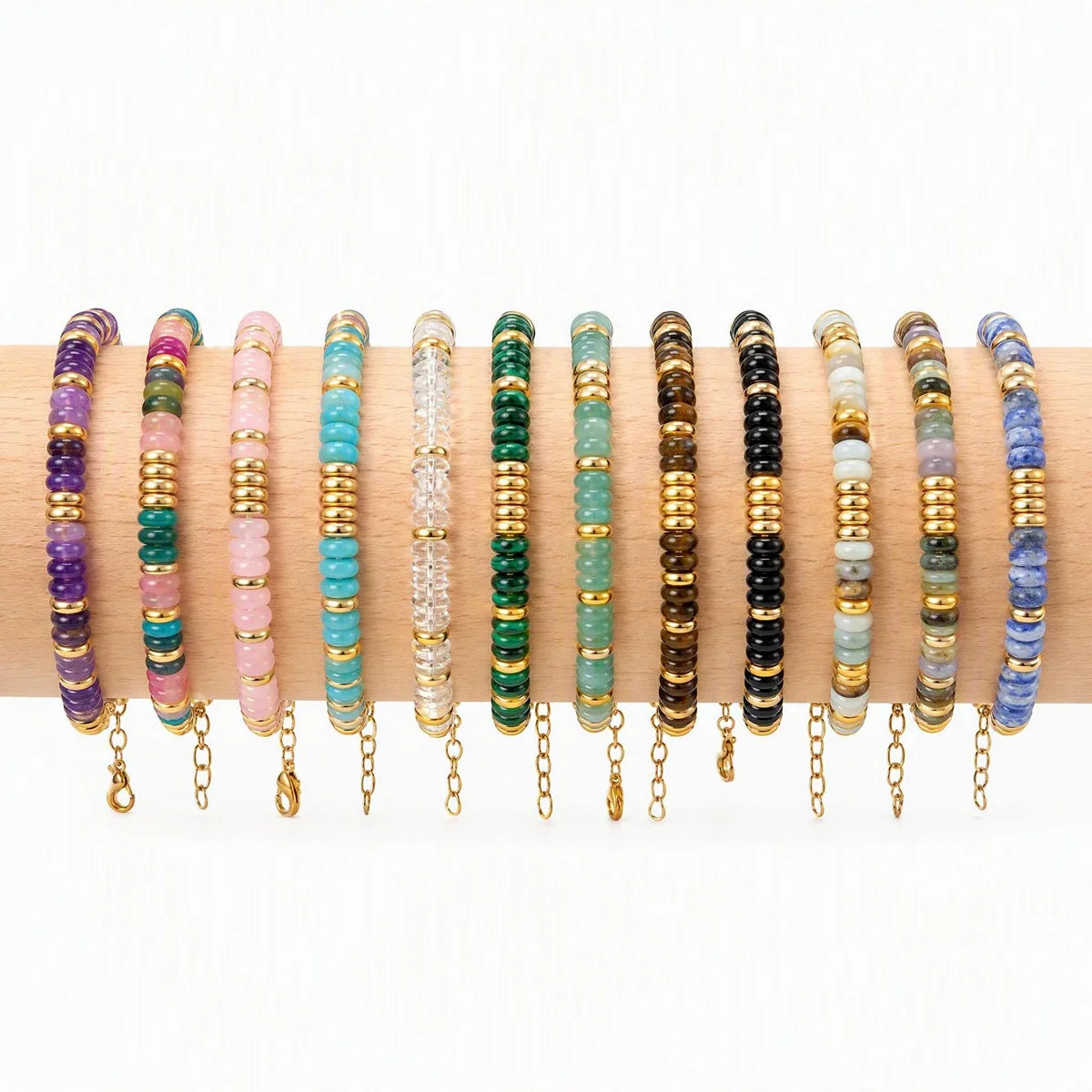 Natural Heishi Disc Stone Bead Bracelet Gold Spacer Beads Adjustable Chain Healing Gemstone Handmade Jewelry For Women #SB3139
