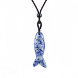 Handmade Craved Gemstone Fish Pendant Necklace Adjustable Rope Unique Gift for Her/Him