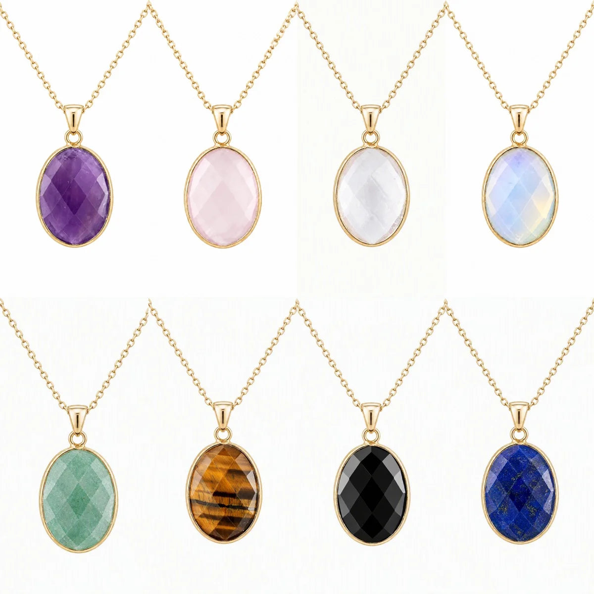 Mixed Gemstone Faceted Oval Gold Frame Pendant Necklace Dainty Gold Chain Unisex Crystal Jewelry for Daily Wear