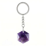 22mm Faceted Hexagon Natural Stone Keychain Healing Crystal Bag Charm Ring Jewelry Gift