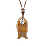 I Love My Cat Crystal Fish Pendant Necklace Metal Heart Charm Healing Choker Adjustable Braided Rope Jewelry Women Men
