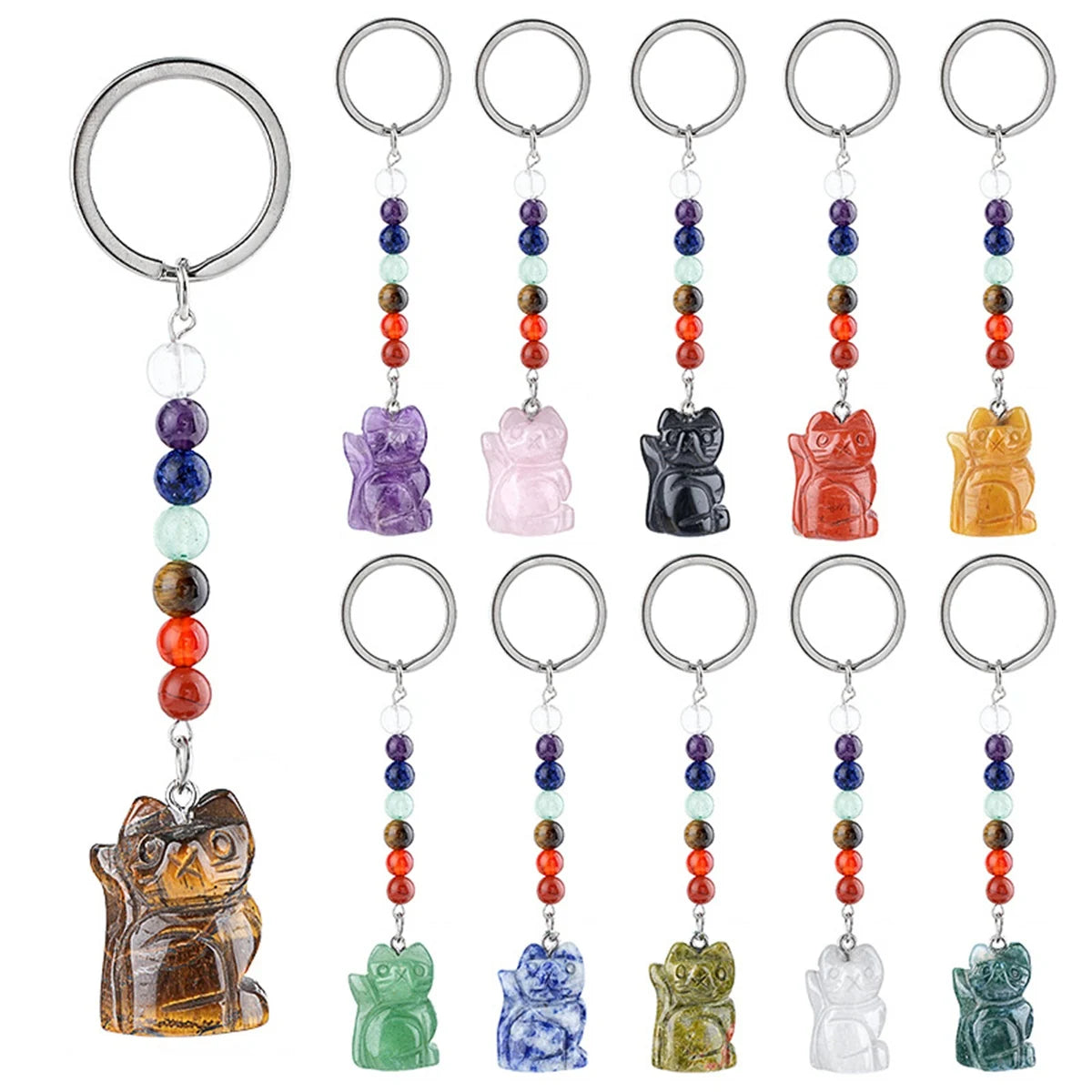 Healing Crystal Stone Cat Keychain Reiki Lucky Charms Keyring Women Bag Car Pendant Charms 7 Chakra Beads Chain