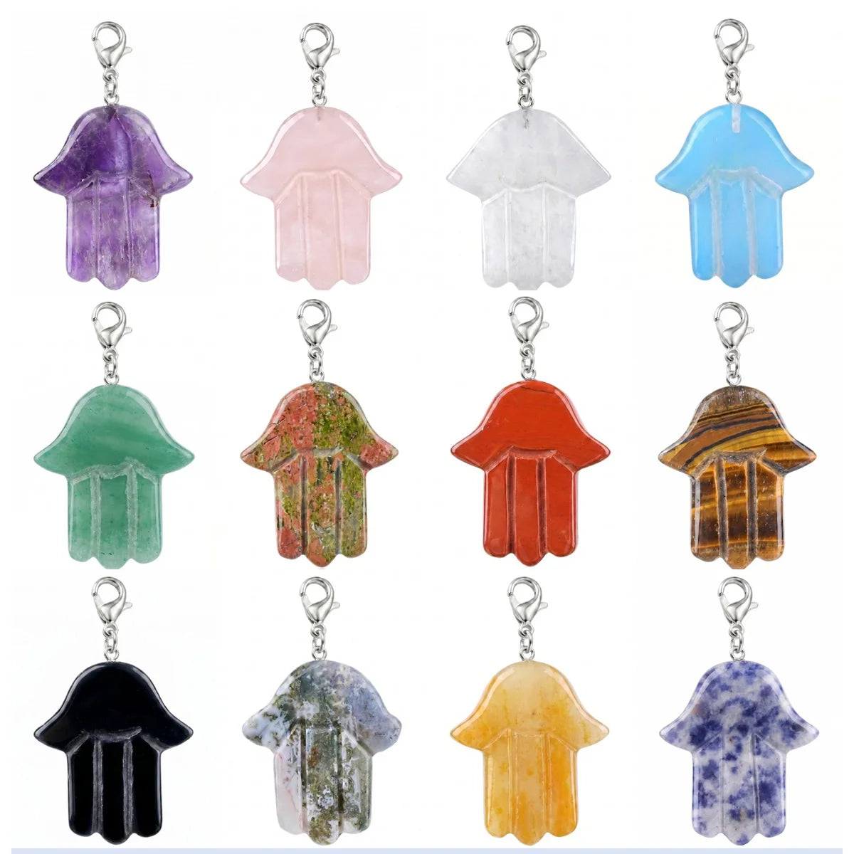Natural Crystal Hamsa Hand Charm Tag Gemstone Bag Pendant with Lobster Clasp for Protection