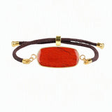 Rectangle Flat Natural Gemstone Bracelet, Adjustable Brown Braided Cord Gold‑Bezel Healing Crystal Handmade Unisex Stackable Wrist Jewelry