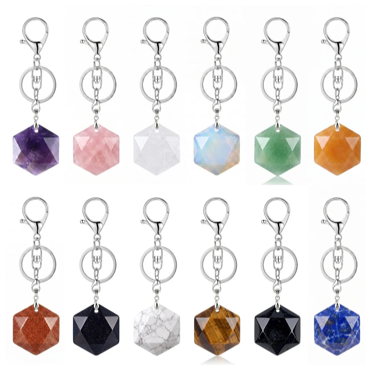 22mm Faceted Hexagon Natural Stone Keychain with Lobster Clasp Healing Crystal Bag Charm Ring Jewelry Gift