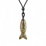 Handmade Craved Gemstone Fish Pendant Necklace Adjustable Rope Unique Gift for Her/Him