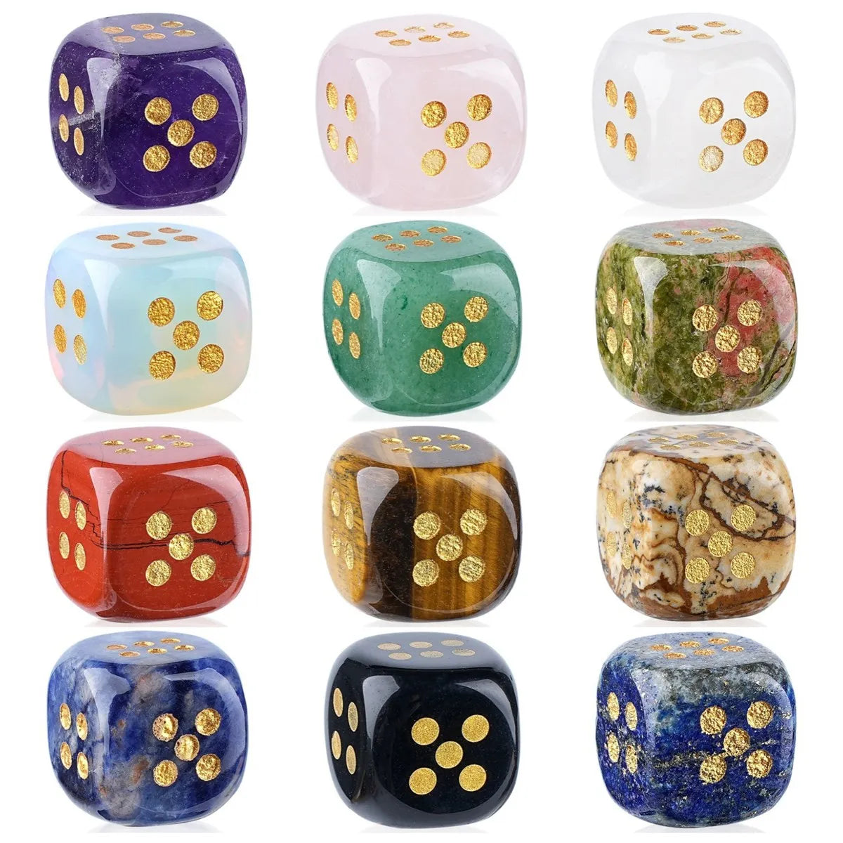 12PCS Unique Gemstone Dice Beads Pendants for D&D  Natural Stone Six-Sided Game Velvet Storage Bag for Role Playing