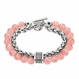 Men Double Layer Gemstone Bead Bracelet, Stainless Steel Chain OT Clasp Bracelet, 8mm Healing Crystal Wrist Jewelry Gift