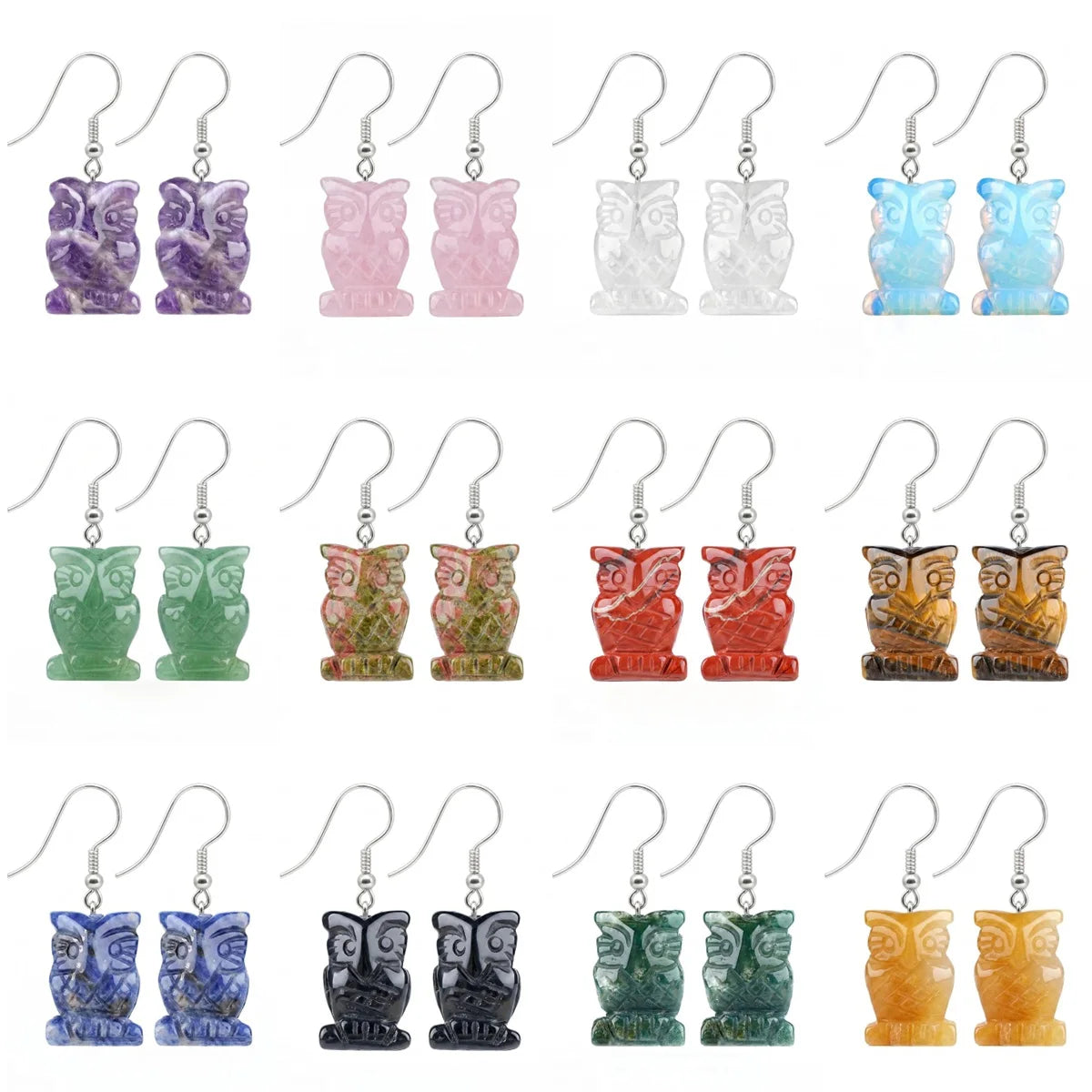 Hand Carved Crystal Owl Pendant Dangle Earrings for Women Men 25MM Animal Fashion Drop Ear Jewelry #PE2329