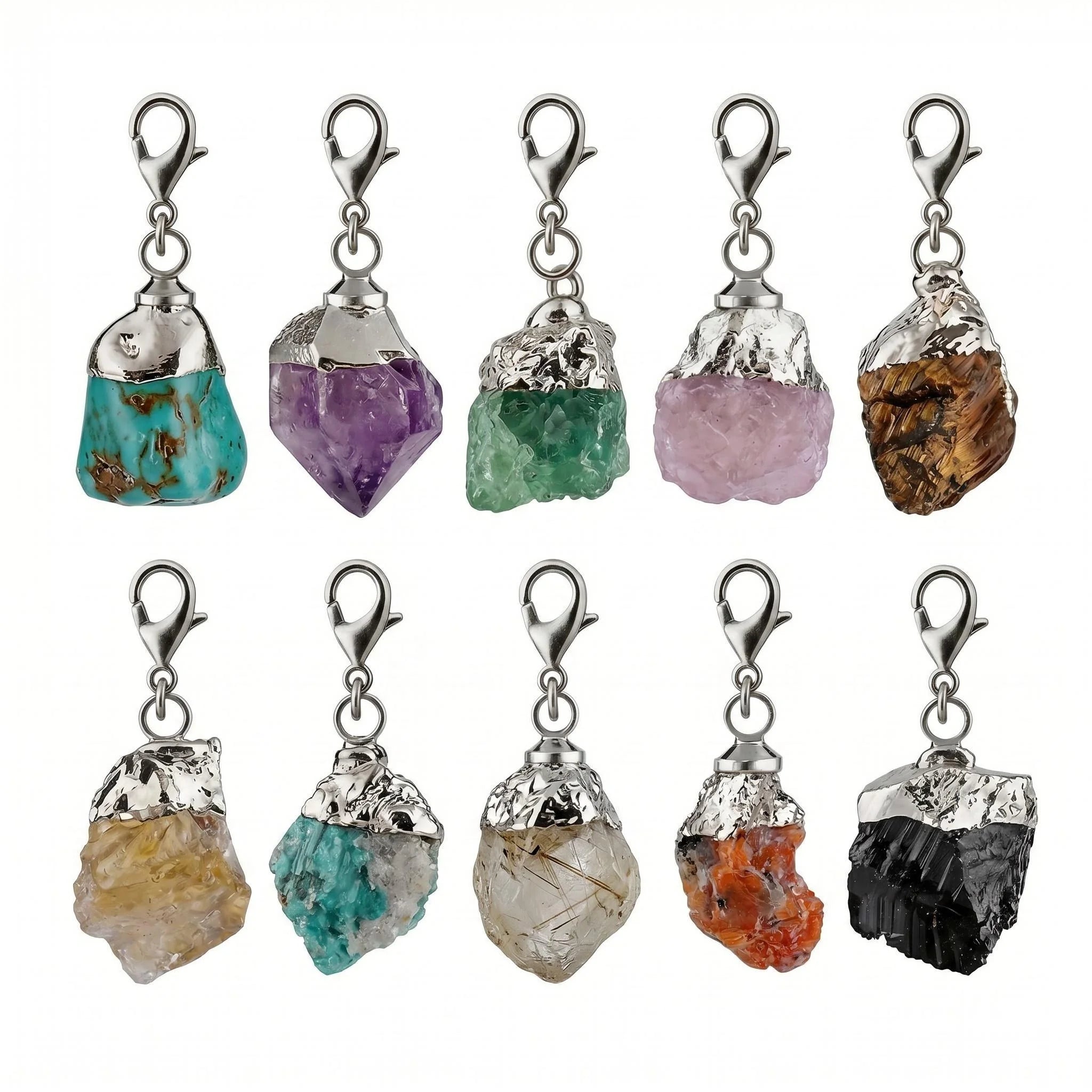 Healing  Chakra Crystal Pendant Charms Bag Tage Silver Cap  Irregular Rough Tumbled Stone For Decor & Making Jewelry