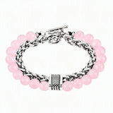 Men Double Layer Gemstone Bead Bracelet, Stainless Steel Chain OT Clasp Bracelet, 8mm Healing Crystal Wrist Jewelry Gift
