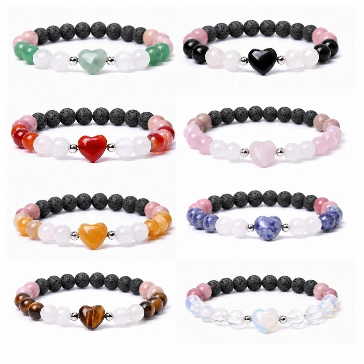 Natural Heart Gemstone Beaded Lava Stone Bracelet 8mm Round Stone Beads Stretch Elastic Healing Crystal for Women Spiritual #SB3138
