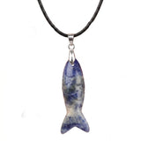Handmade Craved Gemstone Fish Pendant Necklace 45cm Adjustable Leather Cord Spiritual Crystal Jewelry