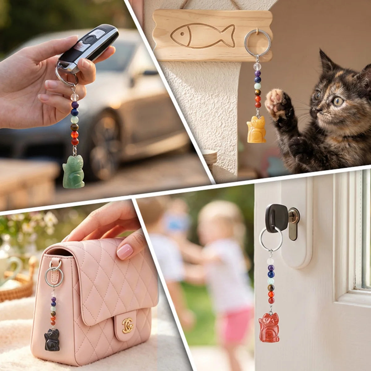 Healing Crystal Stone Cat Keychain Reiki Lucky Charms Keyring Women Bag Car Pendant Charms 7 Chakra Beads Chain