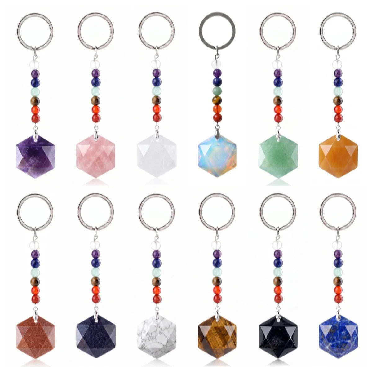 22mm Faceted Hexagon Natural Stone Keychain with 7 Chakra Beads Healing Crystal Bag Charm Ring Gift