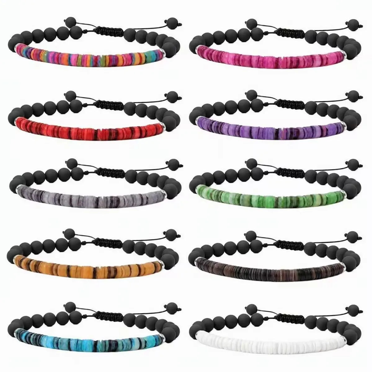 6MM/8MM Matte Black Onyx Bead Braided Bracelet Colorful Shell Heishi Disc Adjustable Woven Bracelets Women Boho Jewelry #M028SB3149