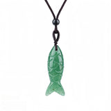 Handmade Craved Gemstone Fish Pendant Necklace Adjustable Rope Unique Gift for Her/Him