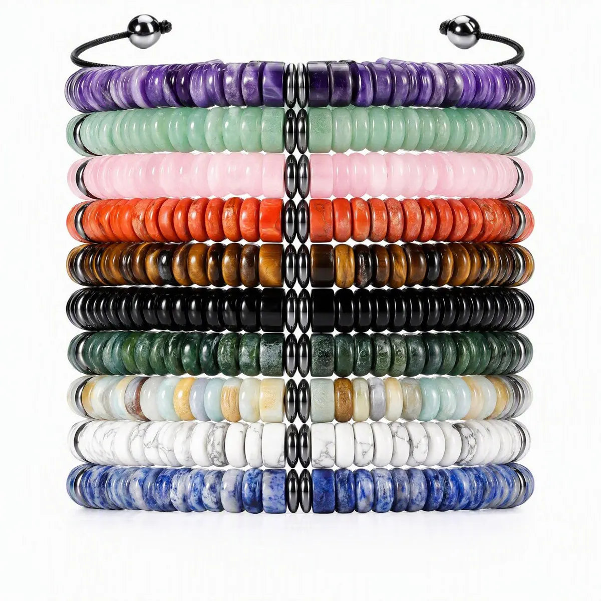 6MM Natural Stone & Hematite Disc Bead Adjustable Bracelet Macrame Slide Closure Unisex Healing Crystal Jewelry Men Women #SB3154