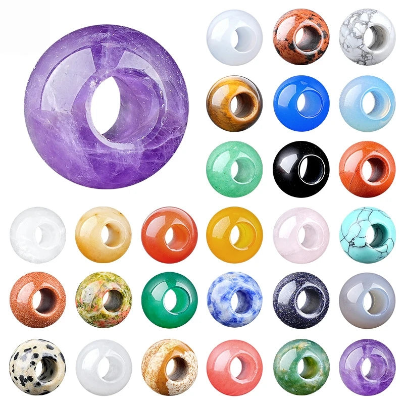 12mm Round Natural Gemstone Large Hole Beads, 5mm Big Hole Polished Stone Ball Beads for DIY Jewelry Making