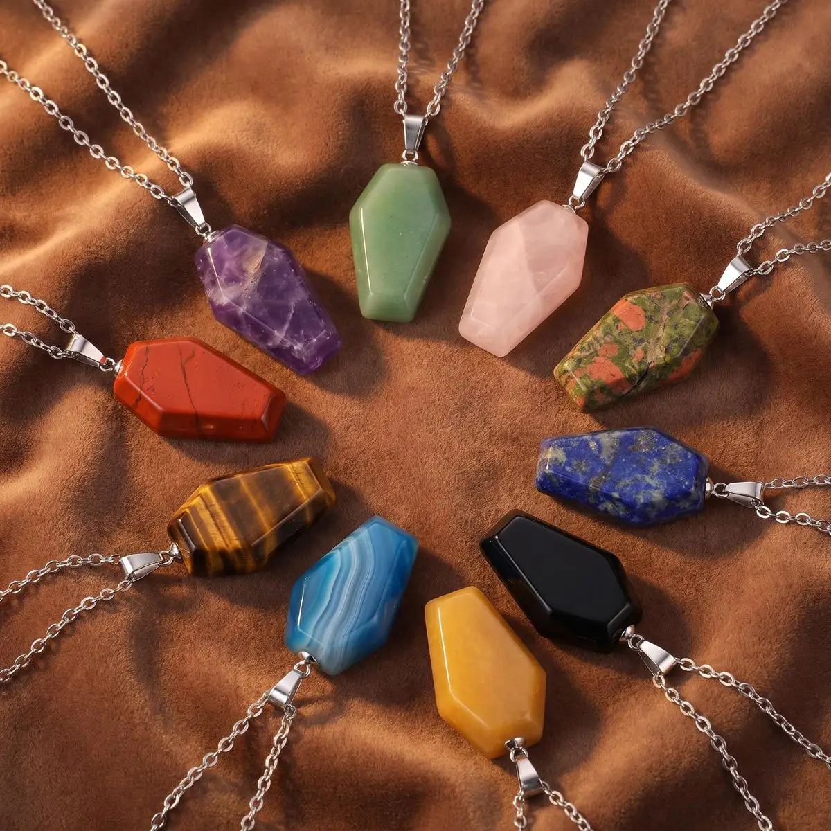 Natural Gemstone Coffin Pendant Necklace - Faceted Healing Crystal Gothic Witchy Jewelry SN1378