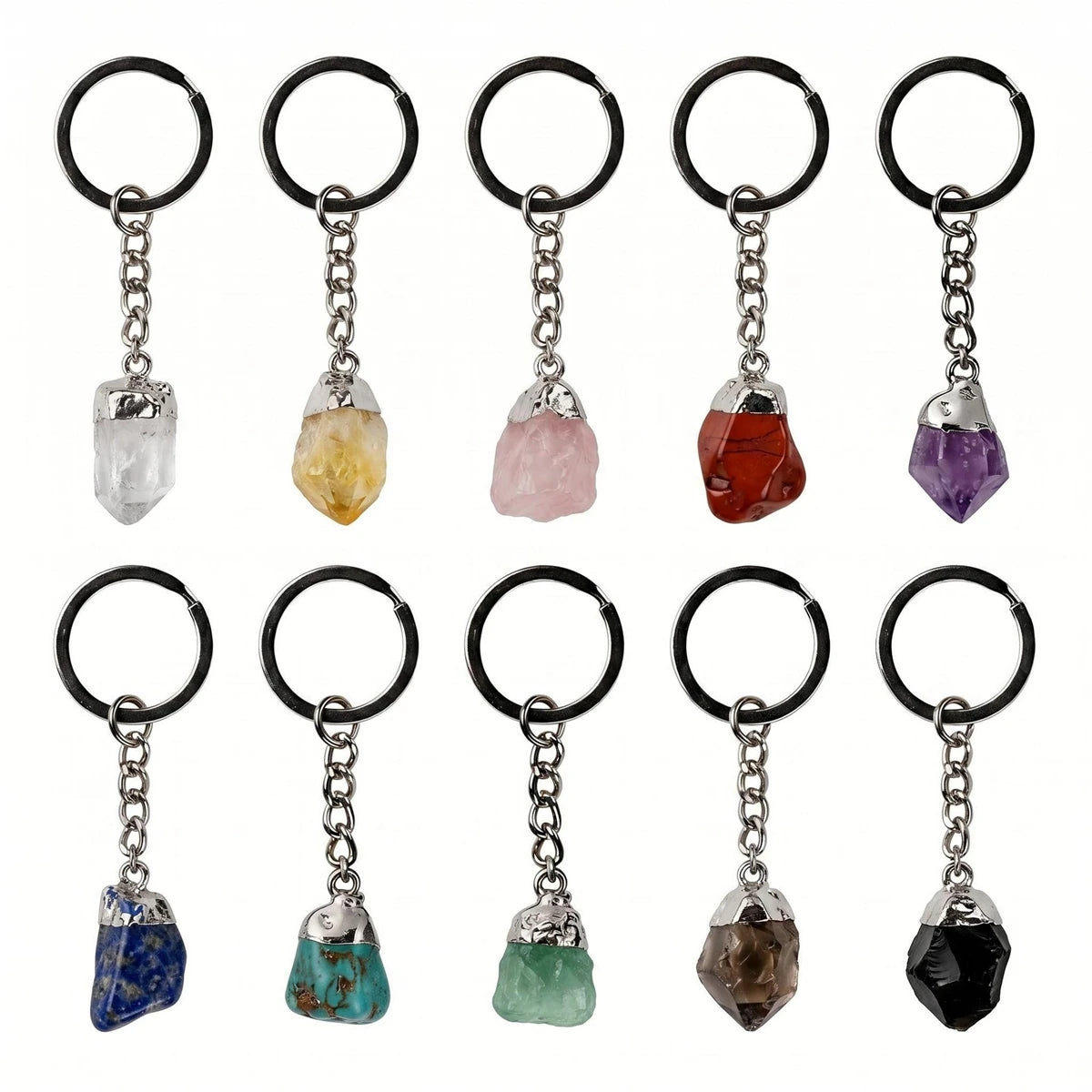 Healing  Chakra Crystal Pendant Keychain for Bag  Silver Cap  Irregular Rough Tumbled Stone Key Chain Decor & Making Jewelry