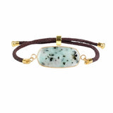 Rectangle Flat Natural Gemstone Bracelet, Adjustable Brown Braided Cord Gold‑Bezel Healing Crystal Handmade Unisex Stackable Wrist Jewelry