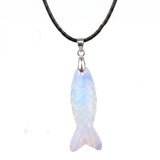 Handmade Craved Gemstone Fish Pendant Necklace 45cm Adjustable Leather Cord Spiritual Crystal Jewelry